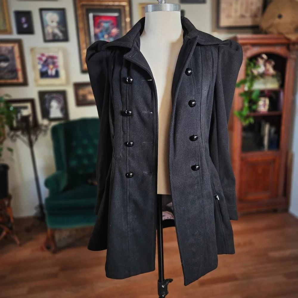 XOXO Women Black Double Breasted‎ Puff Sleeve Fit Flare Coat Size M